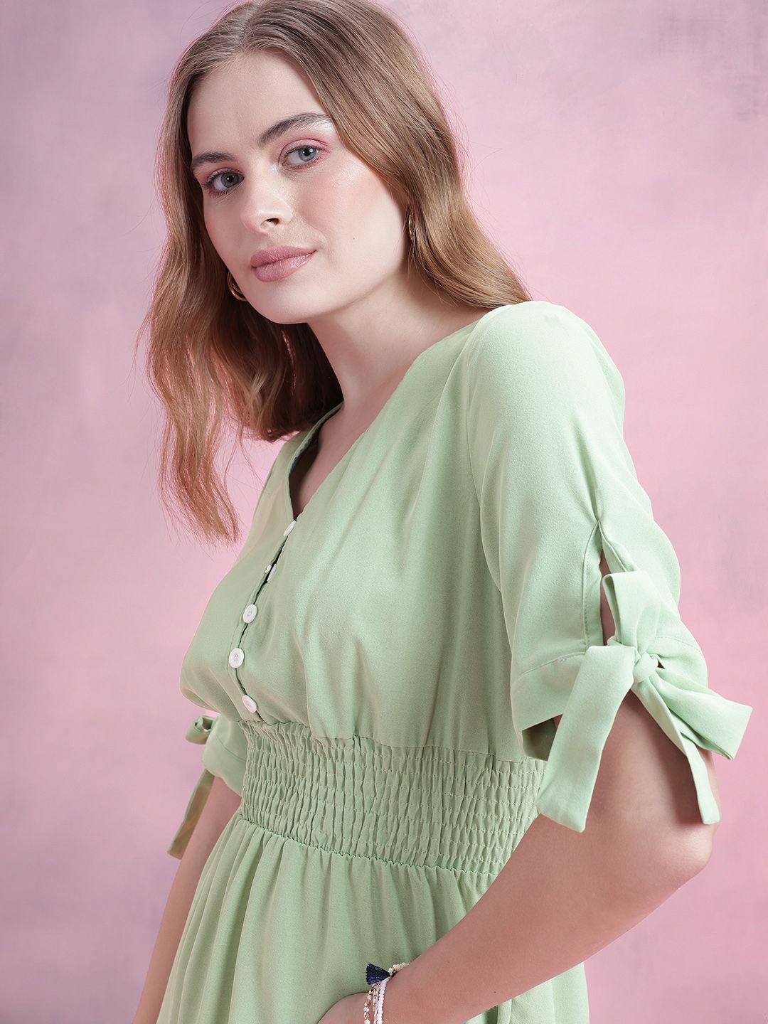 DressBerry Smocked Effect Fit & Flare Maxi Dress with Tie-ups