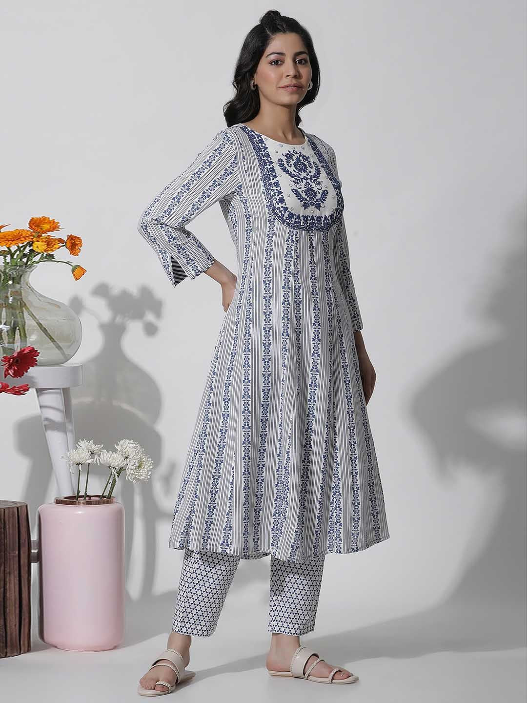 W Blue Ethnic Motifs Printed Mirror Work Kurta