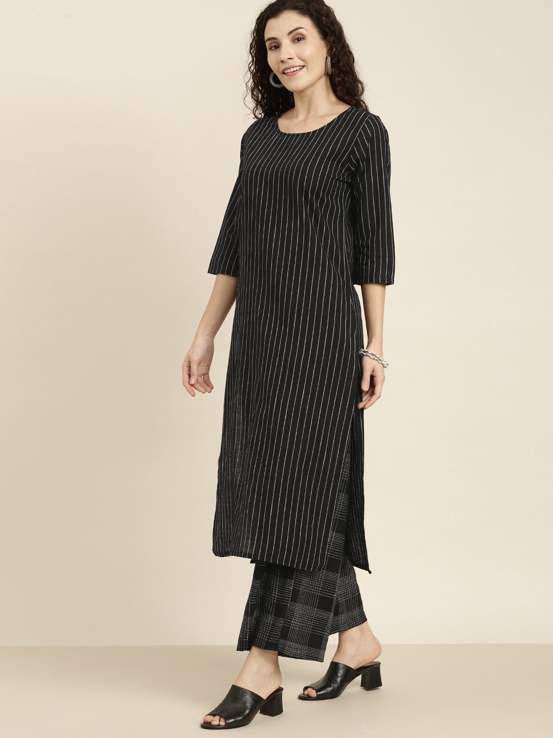 Vishudh Women Black & Off-White Striped Kurta with Palazzos