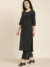 Vishudh Women Black & Off-White Striped Kurta with Palazzos
