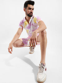 Campus Sutra Men White & Purple Dyed Pure Cotton Shirt With Shorts
