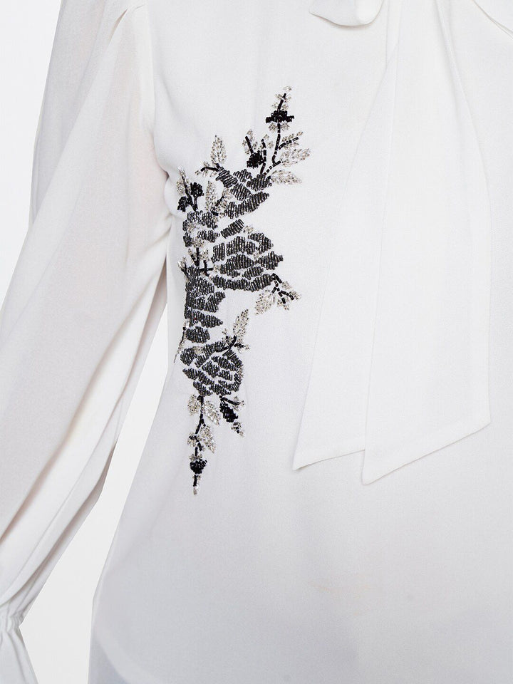 AND Embellished Tie-Up Neck Puff Sleeves Top
