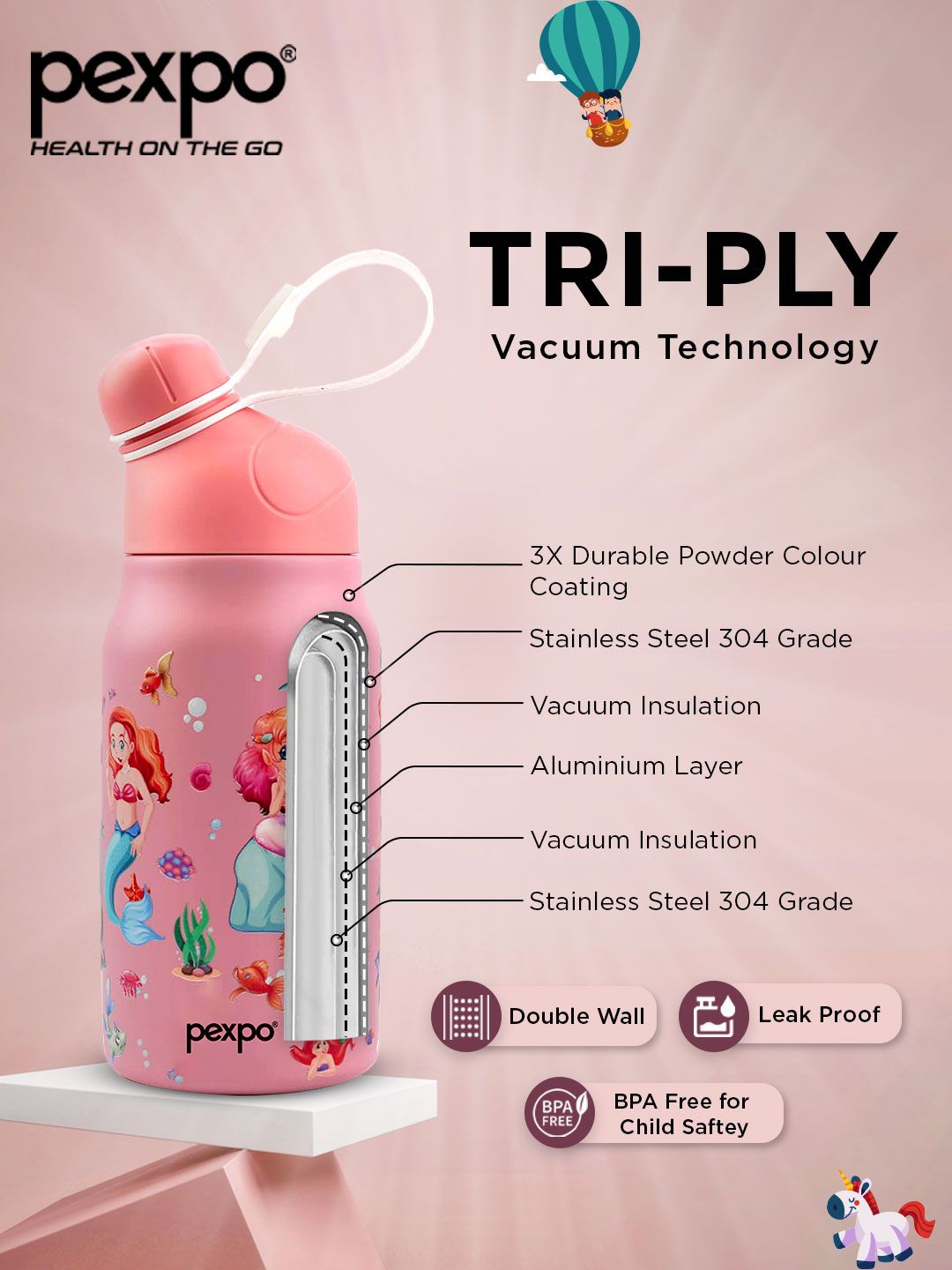 Pexpo Piano Pink Double Wall Thermosteel Hot & Cold Mermaid Botol Air Bertebat 425ml