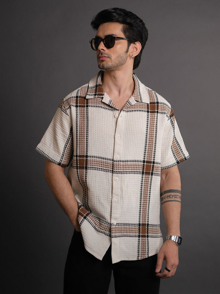 Powerlook Off White India Slim Tartan Checked Cuban Collar Short Sleeves Shacket