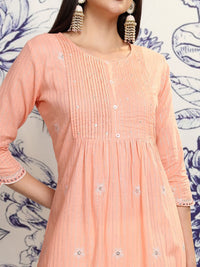 Vishudh Peach Round Neck Floral Embroidered Regular Pure Cotton A-Line Kurta with Trousers