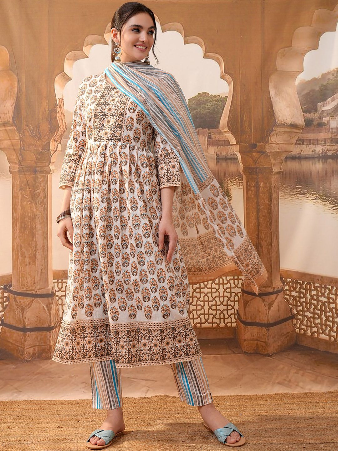 Vishudh Brown Ethnic Motifs Printed Pure Cotton Anarkali Kurta With Trousers & Dupatta