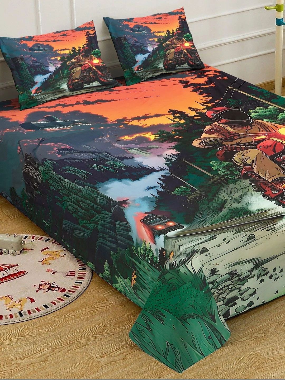 Moda Rapido X KLOTTHE Green & Orange Graphic 400 TC King Bedsheet with 2 Pillow Covers
