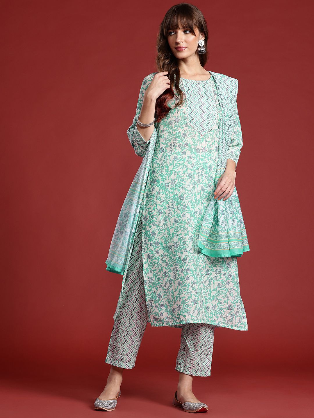 Anouk Floral Printed Regular Gotta Patti Kurta with Trousers & Dupatta