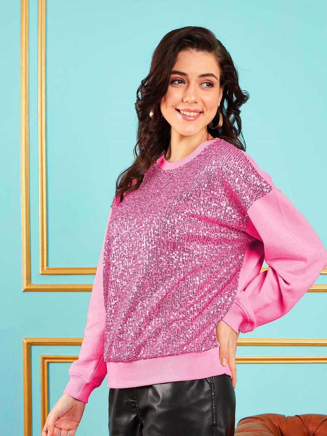 SASSAFRAS Pink Embellished Round Neck Pullover Sweatshirt