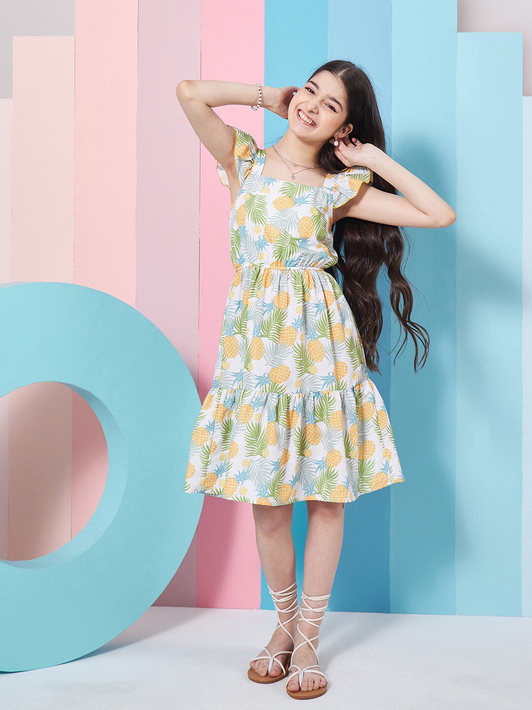 pspeaches Girls Floral Print Square Neck Flutter Sleeves Fit & Flare Dress