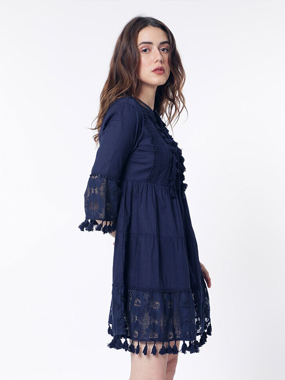 RAREISM Band Collar Bell Sleeve Tie-Up Detail Cotton Fit & Flare Dress