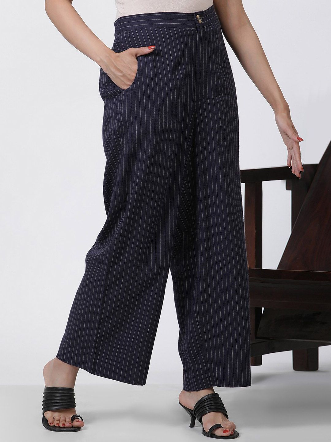 W Women Striped High-Rise Straight Fit Parallel Trouser