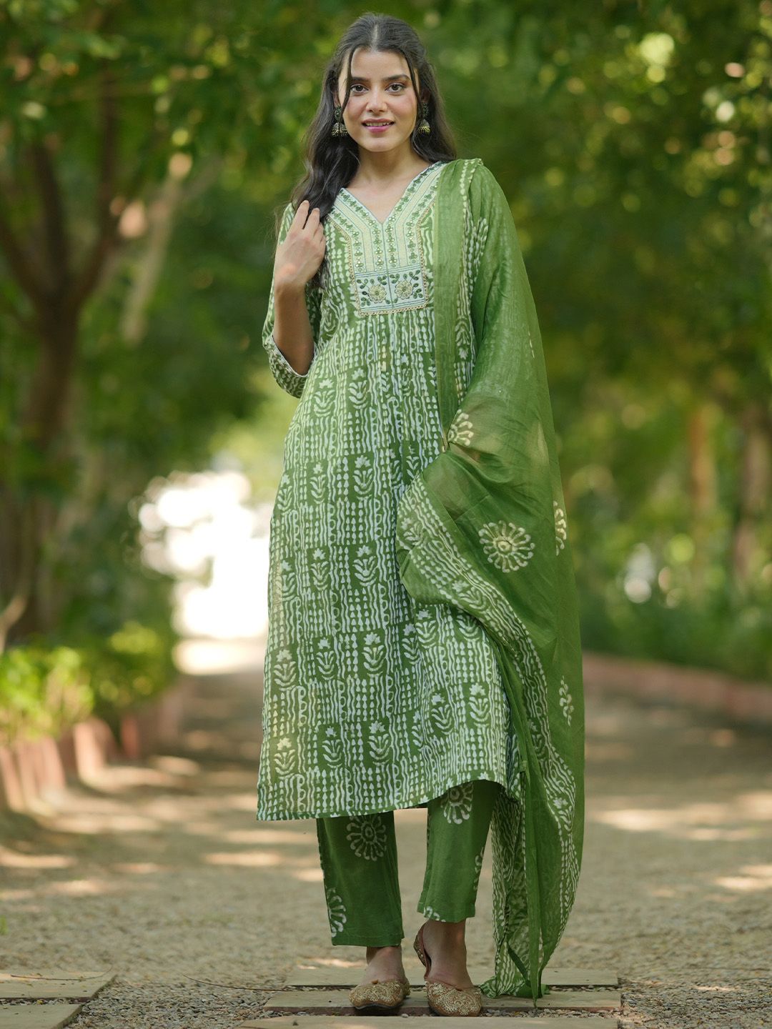 Libas Floral Printed Beads and Stones Pure Cotton A Line Kurta with Trousers & Dupatta