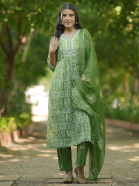 Libas Floral Printed Beads and Stones Pure Cotton A Line Kurta with Trousers & Dupatta