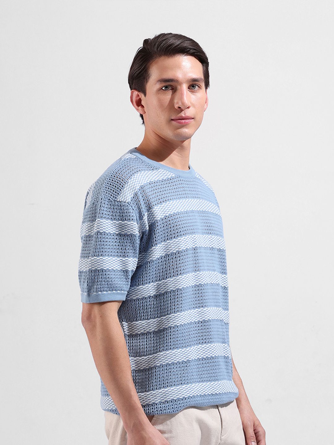 The Indian Garage Co Men Flat Knit Oversized Striped T-Shirt