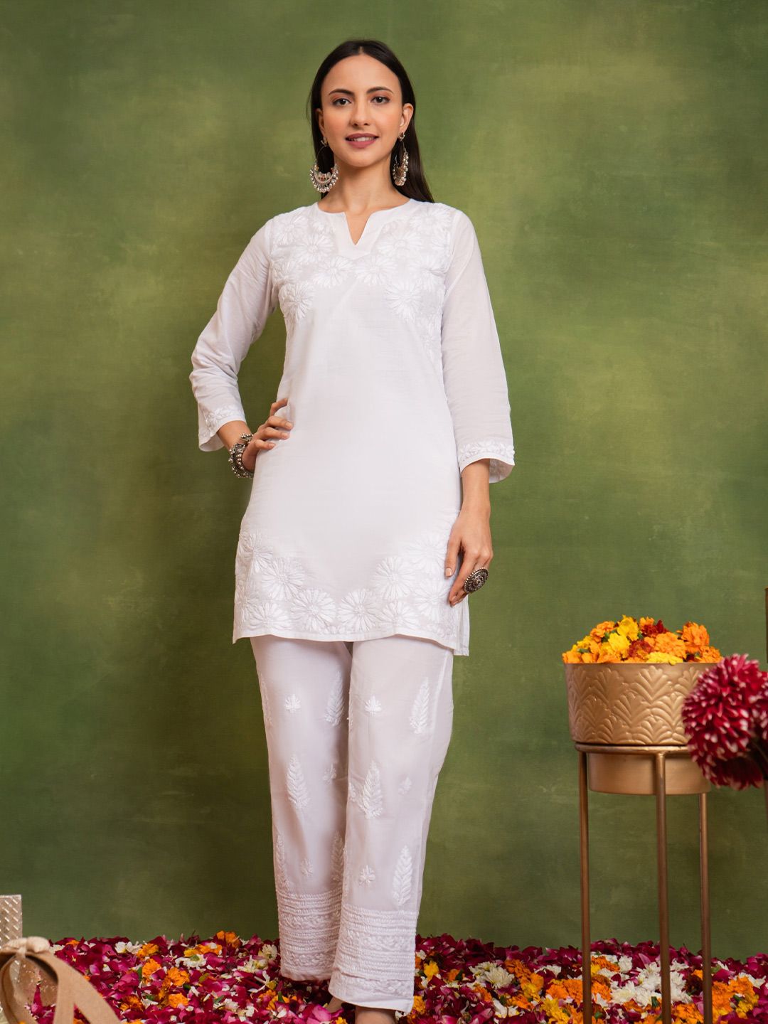 HOUSE OF KARI Floral Embroidered Cotton Chikankari A-Line Short Kurta
