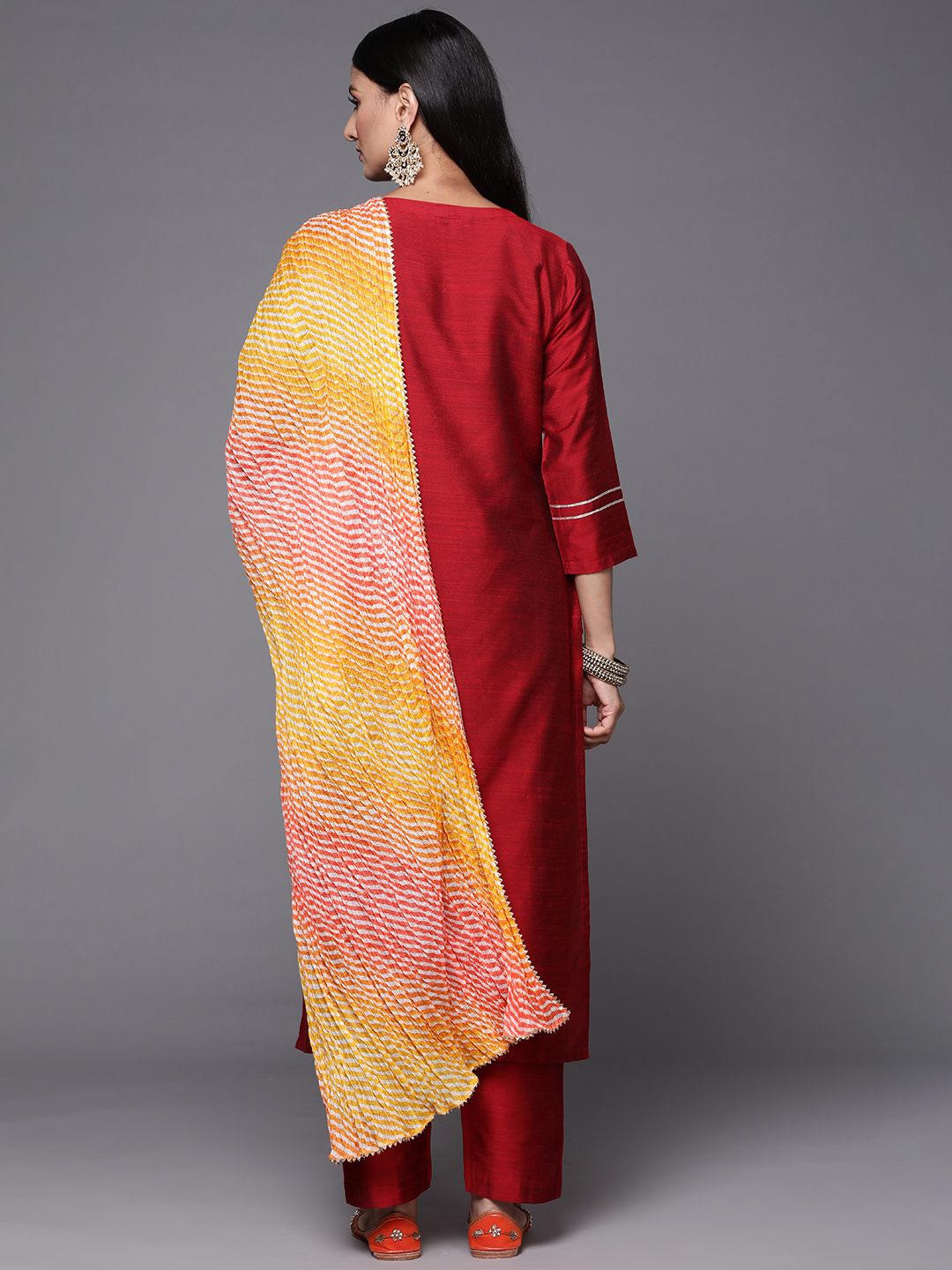 Varanga Women Maroon Ethnic Motifs Embroidered Kurta with Trousers & With Dupatta