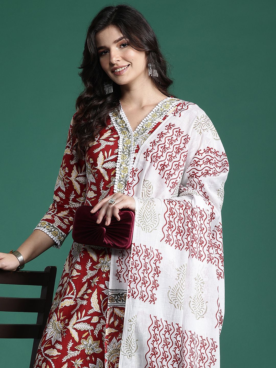 Indo Era Floral Printed Pure Cotton Kurta With Trousers & Dupatta