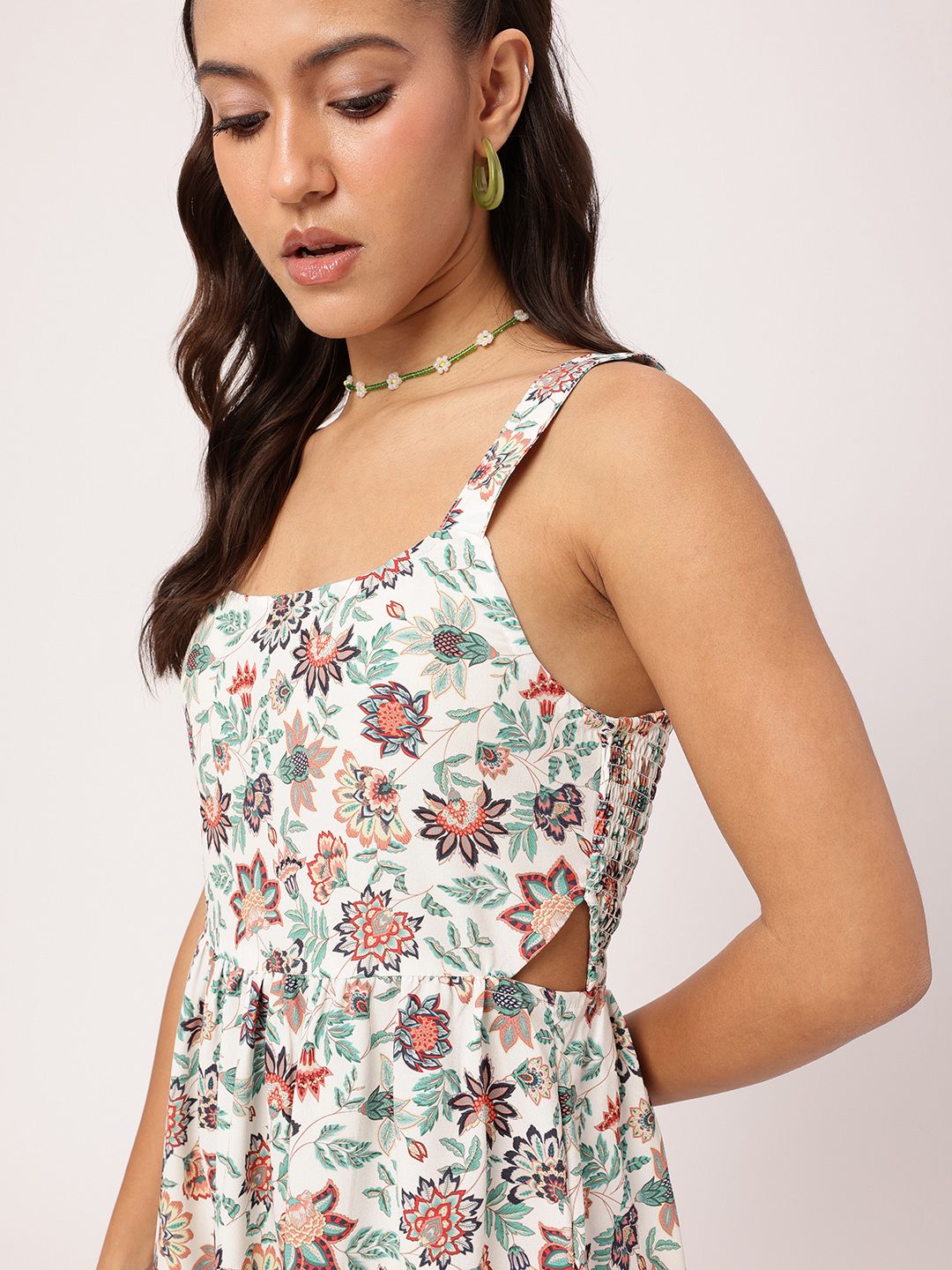 DressBerry Blooming Beauty Floral Printed Smocked Cut-Outs A-Line Dress