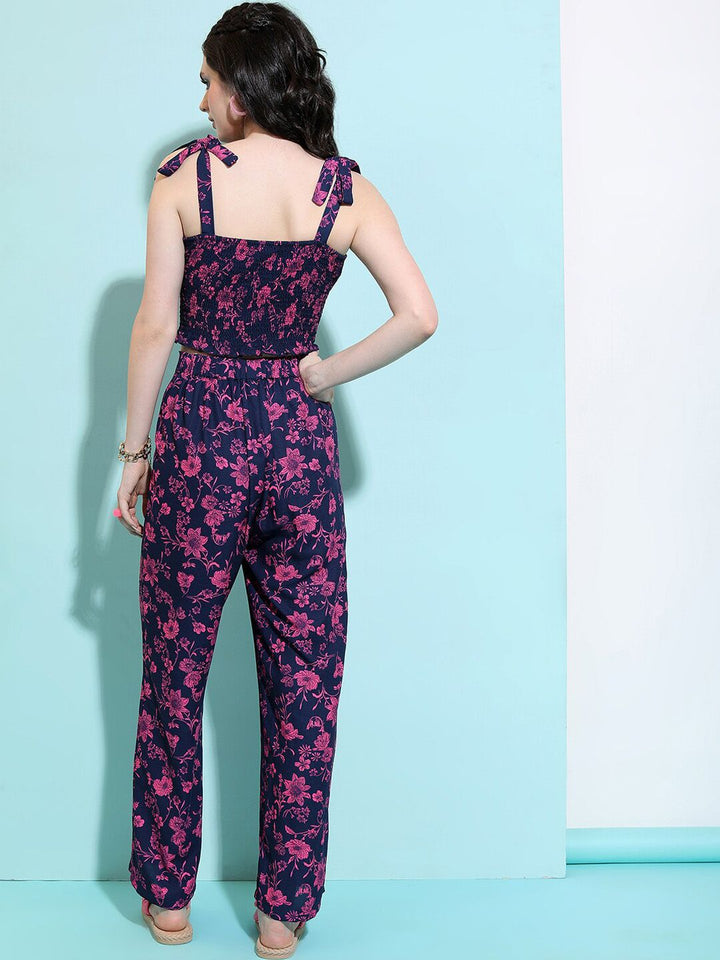 Navy-Blue and Pink Floral Printed Co-Ords