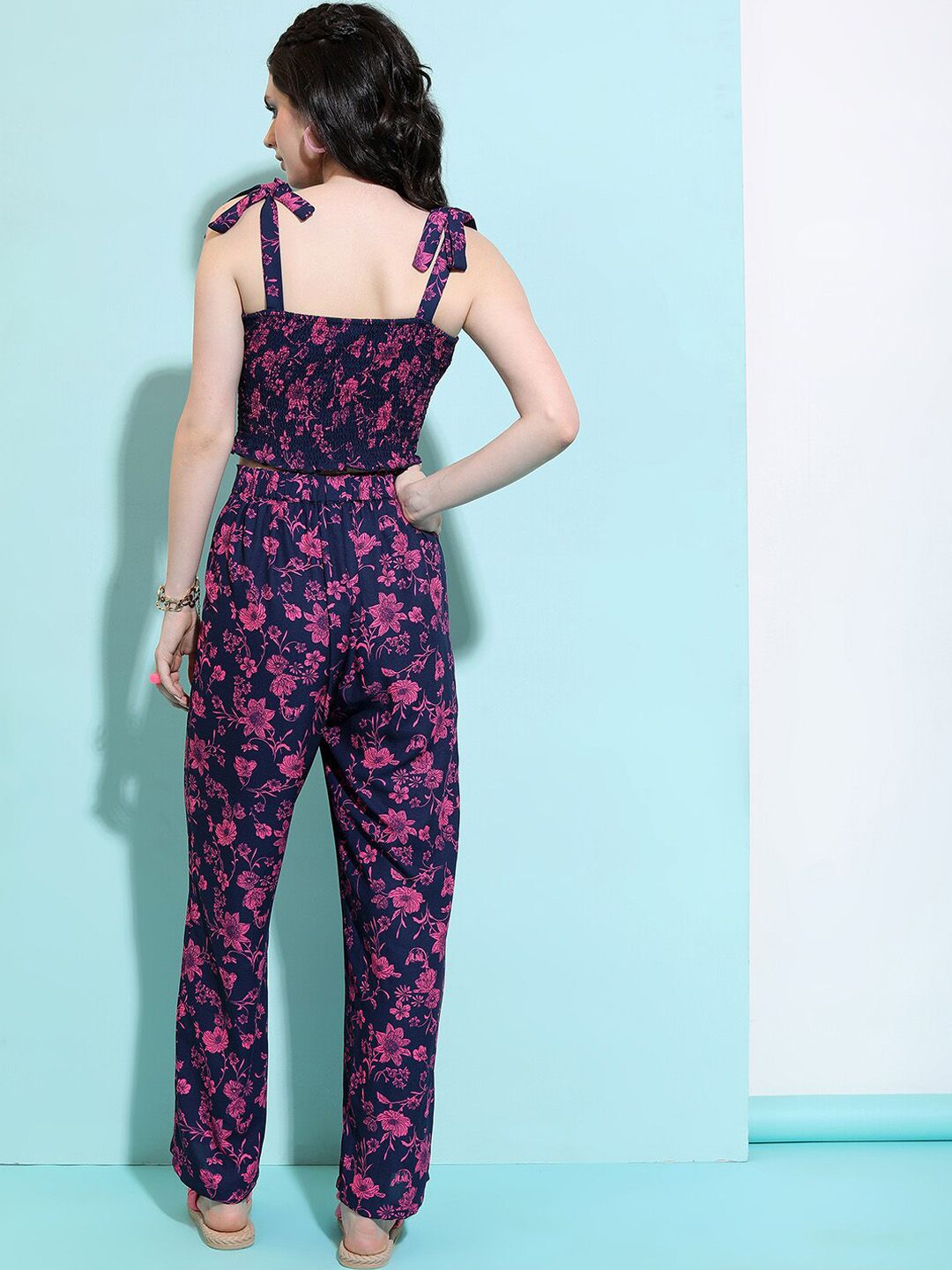Navy-Blue and Pink Floral Printed Co-Ords