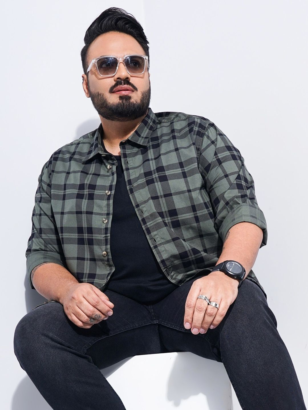The Indian Garage Co Plus Size Windowpane Checked Cotton Casual Shirt