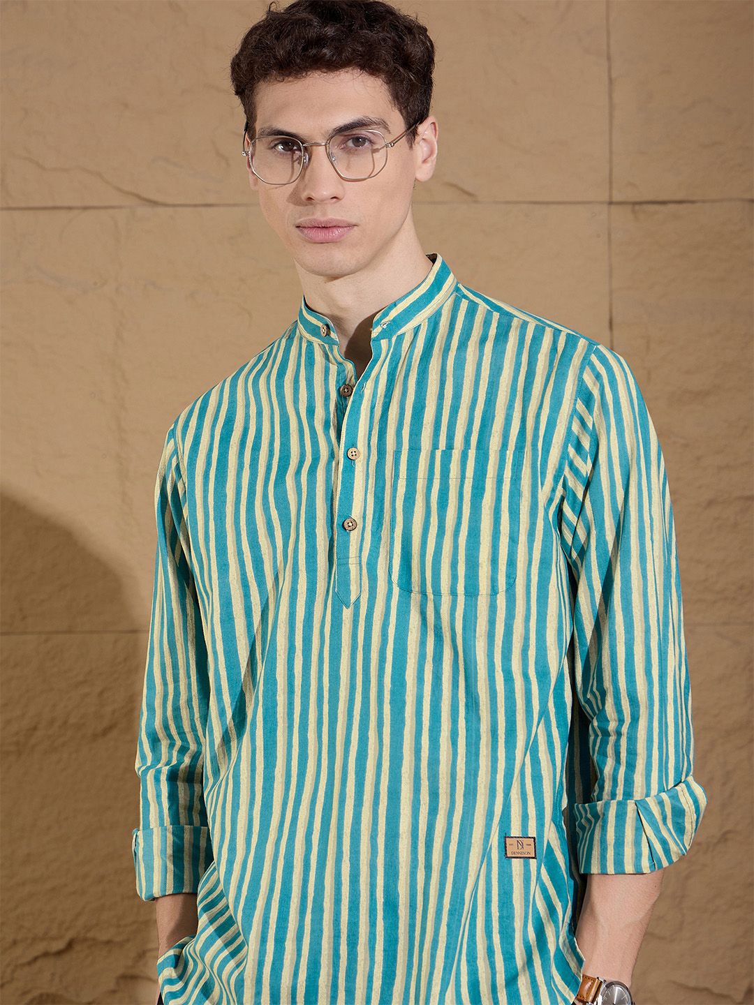 DENNISON Striped Printed Pure Cotton Band Collar Straight Kurta
