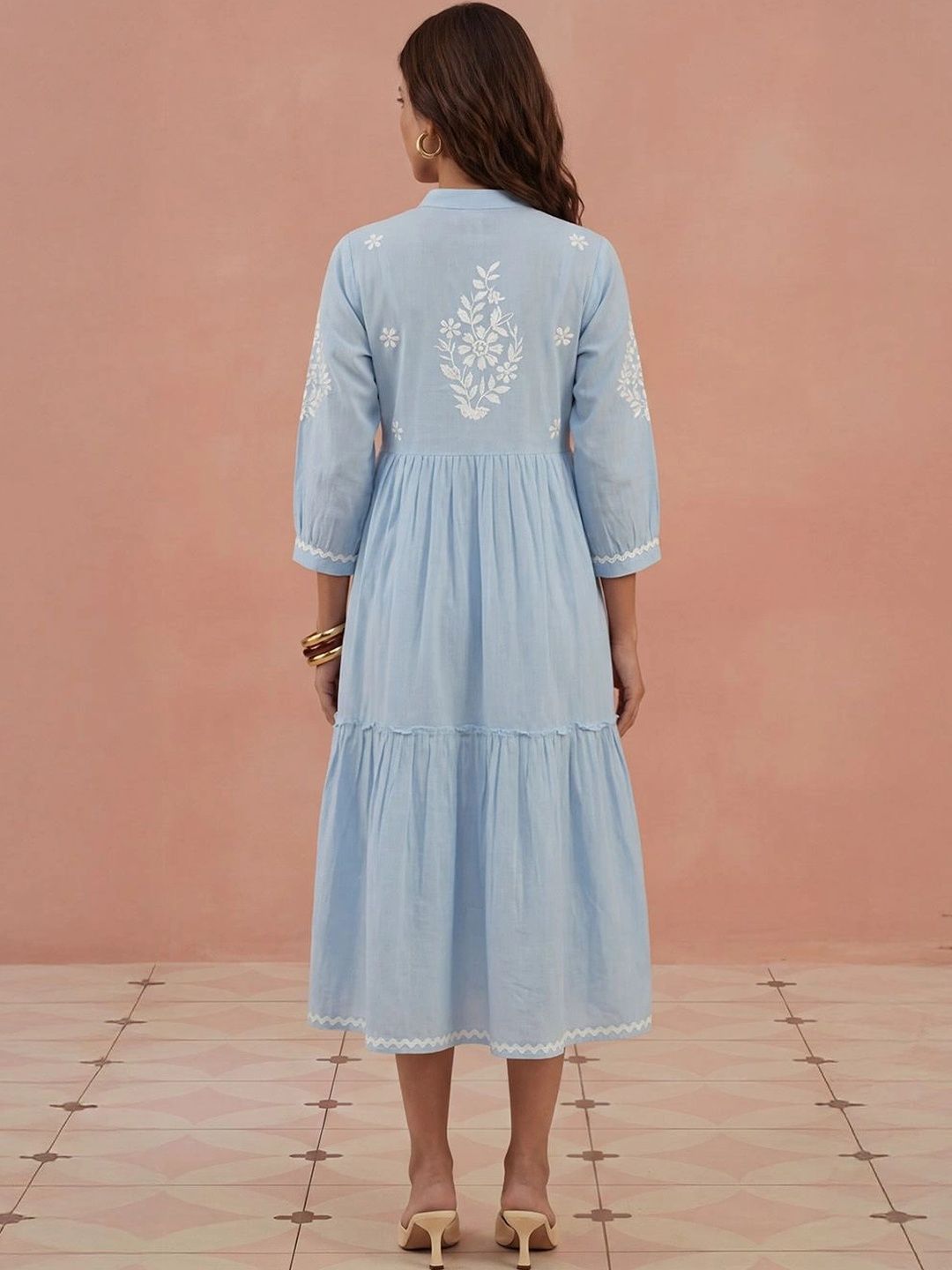 House of Chikankari Floral Embroidered A-Line Midi Dress