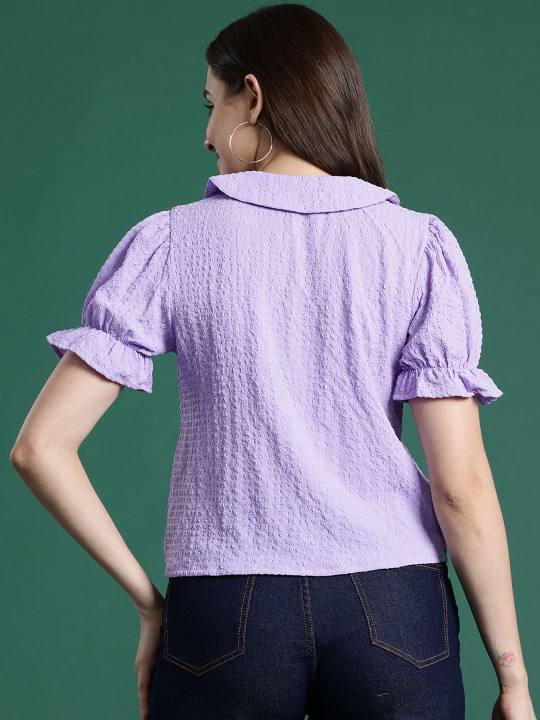 DressBerry Seersucker Tie-Up Neck Puff Sleeves Top
