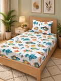 KLOTTHE White & Blue Cartoon Printed Flat 300 TC Single Bedsheet With Pillow Cover