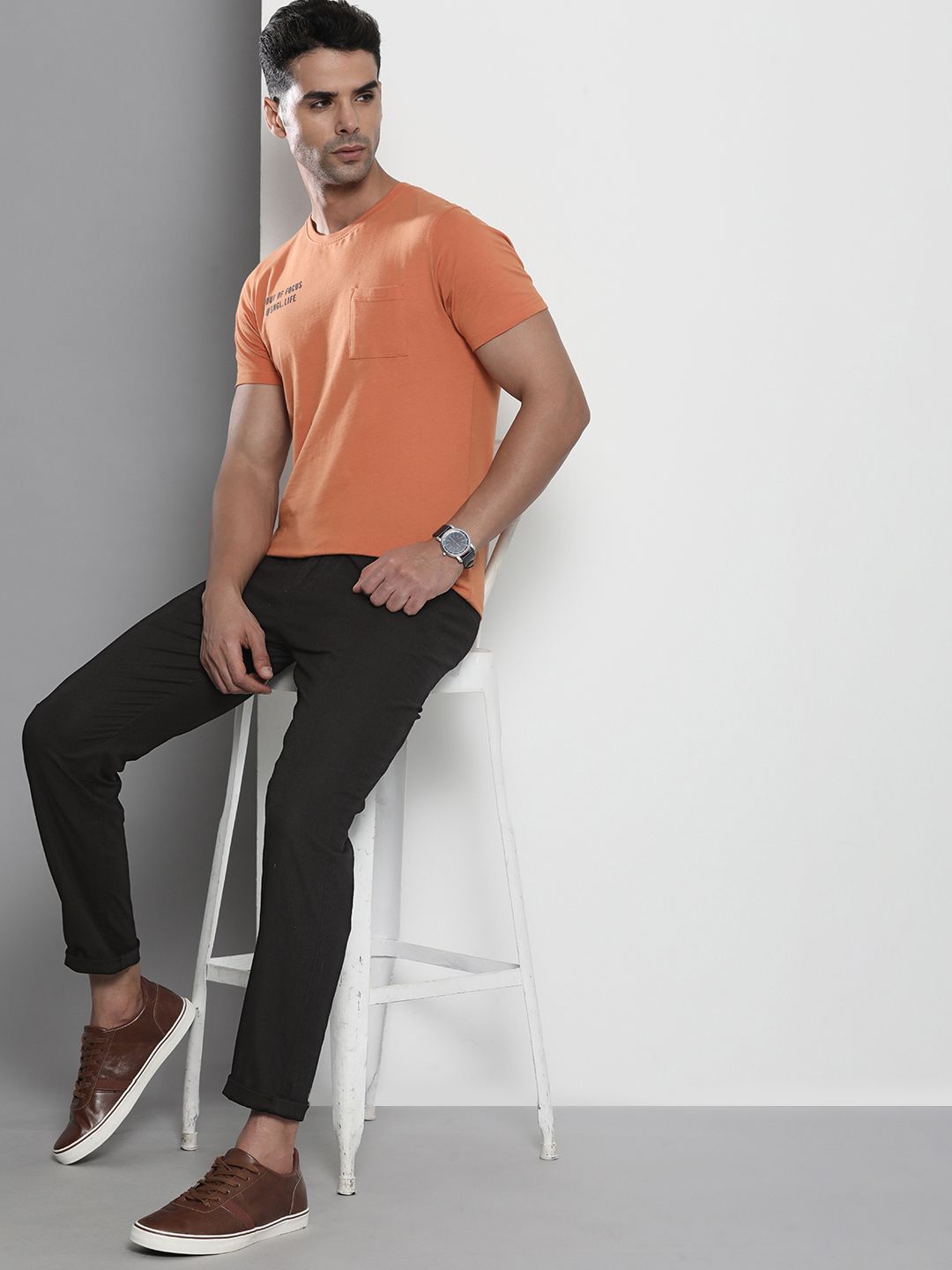 The Indian Garage Co Men Black Cotton Slim Fit Trousers