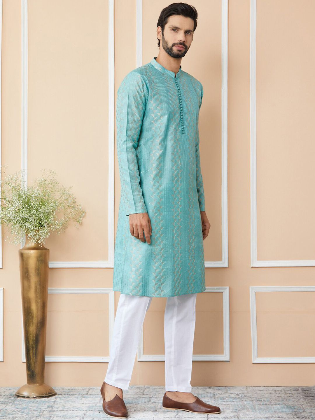 See Designs Mandarin Collar Ethnic Motifs Thread Work Chanderi Silk Kurta