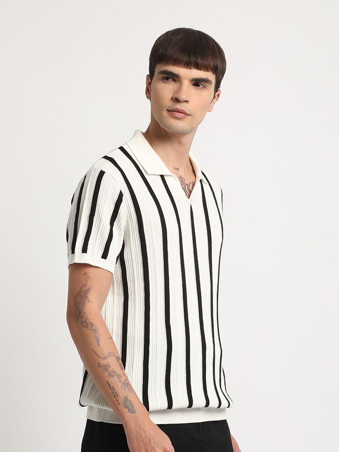 THE BEAR HOUSE Striped Regular Fit Polo Collar Cotton T-shirt