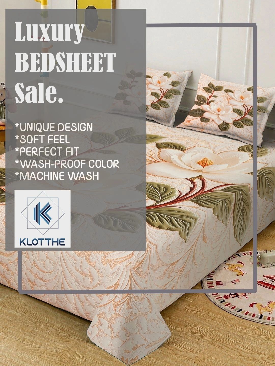 Moda Rapido X KLOTTHE Cream-Coloured & Green Floral 400 TC King Bedsheet with 2 Pillow Covers