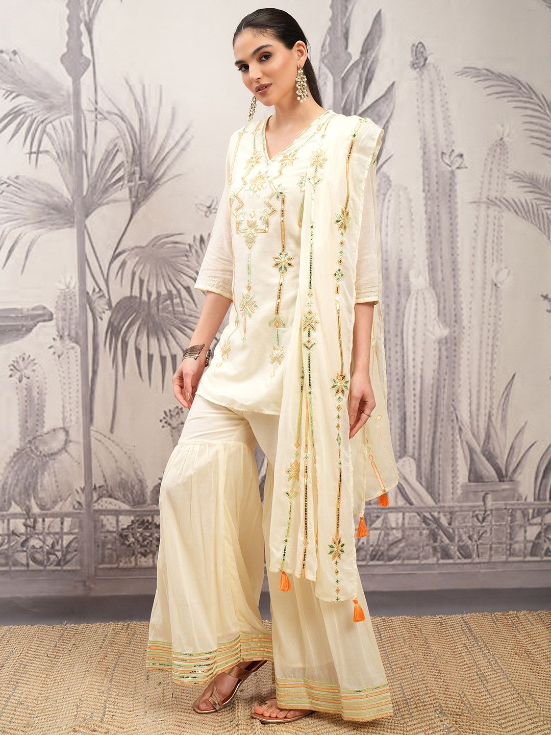 Vishudh Cream Ethnic Motifs Sequinned Pure Cotton Straight Kurta With Sharara & Dupatta