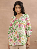 W Floral Printed V-Neck Cuffed Sleeves Cotton Top