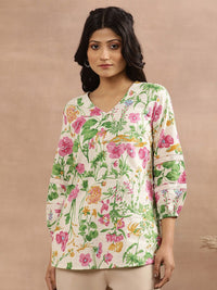 W Floral Printed V-Neck Cuffed Sleeves Cotton Top