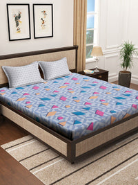 KLOTTHE Blue Geometric Cotton 300 TC Fitted King Bedsheet with 2 Pillow Covers-250 x 225 cm