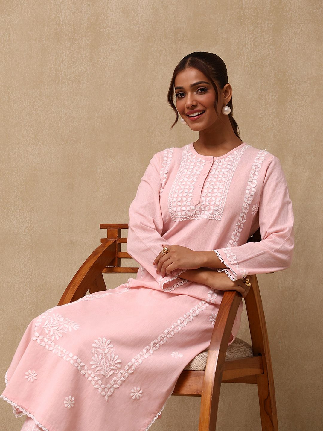House of Chikankari Women Peach Cotton Chikankari Sulam Set Kurta