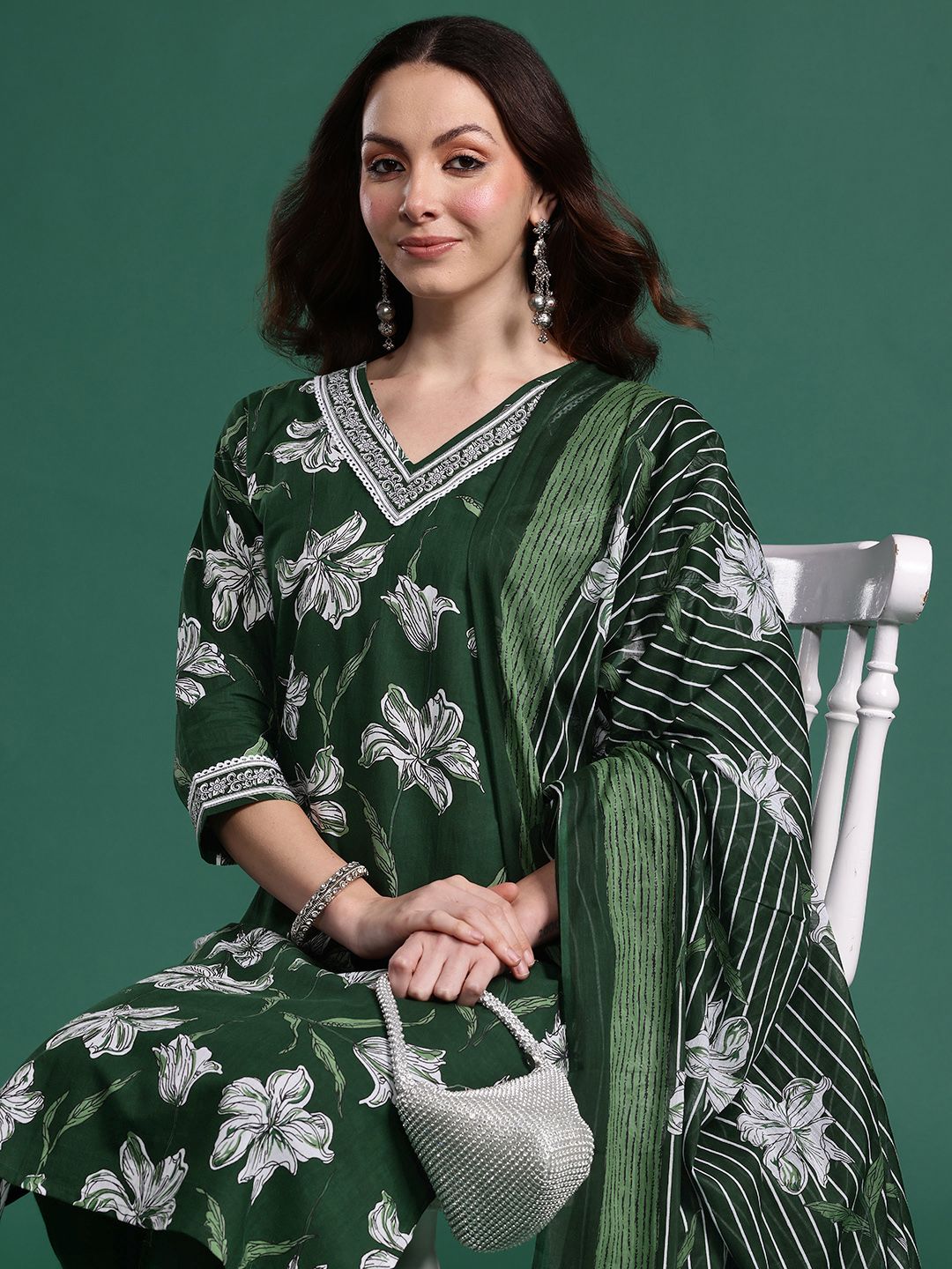 Indo Era Floral Printed Regular Pure Cotton Kurta with Trousers & Dupatta