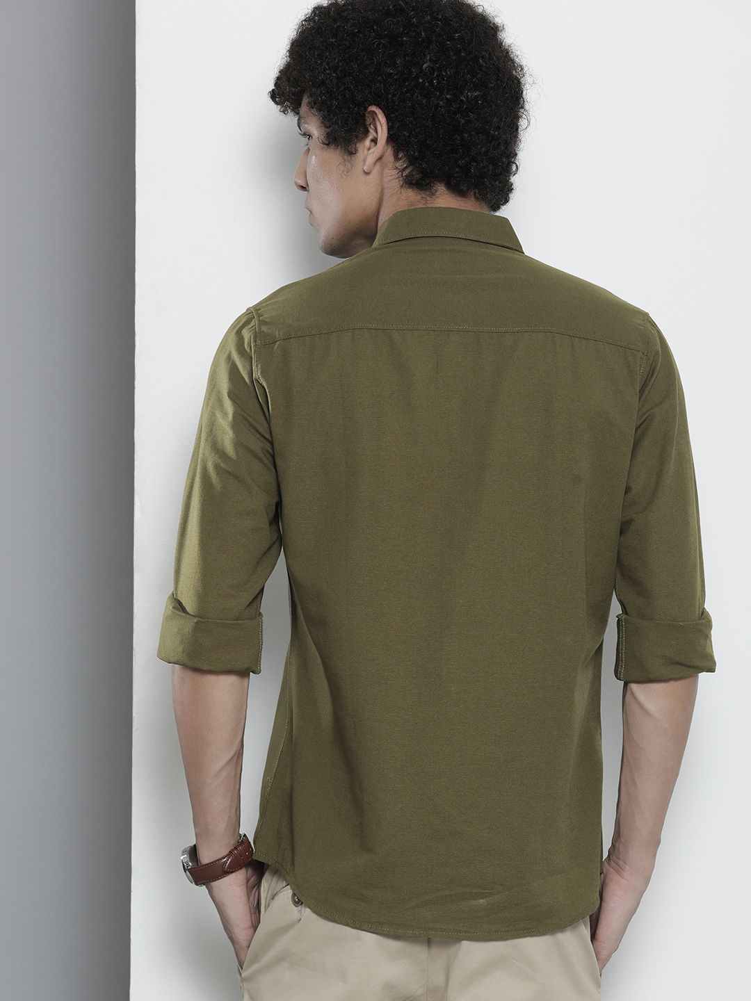 The Indian Garage Co Men Olive Green Solid Casual Shirt