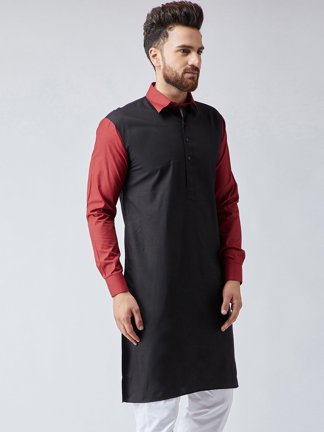 SOJANYA Lelaki Black & Maroon Colourblocked Straight Kurta