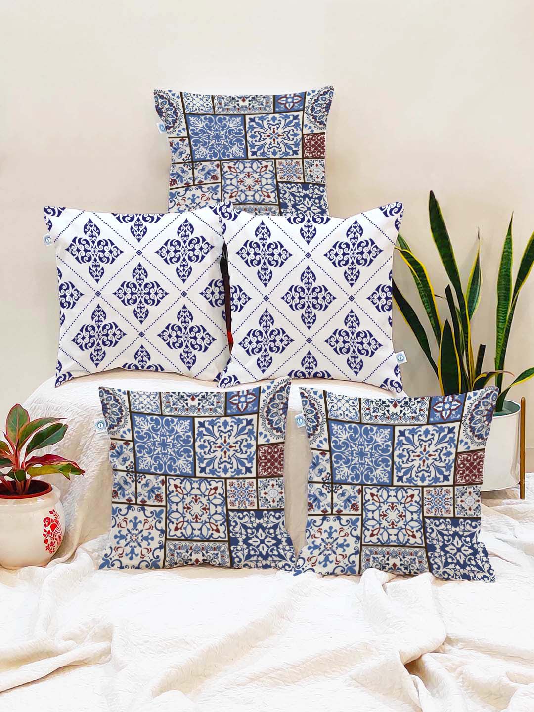 STITCHNEST Blue & White Set of 5 Ethnic Motifs Square Cushion Covers