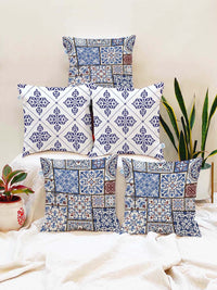 STITCHNEST Blue & White Set of 5 Ethnic Motifs Square Cushion Covers