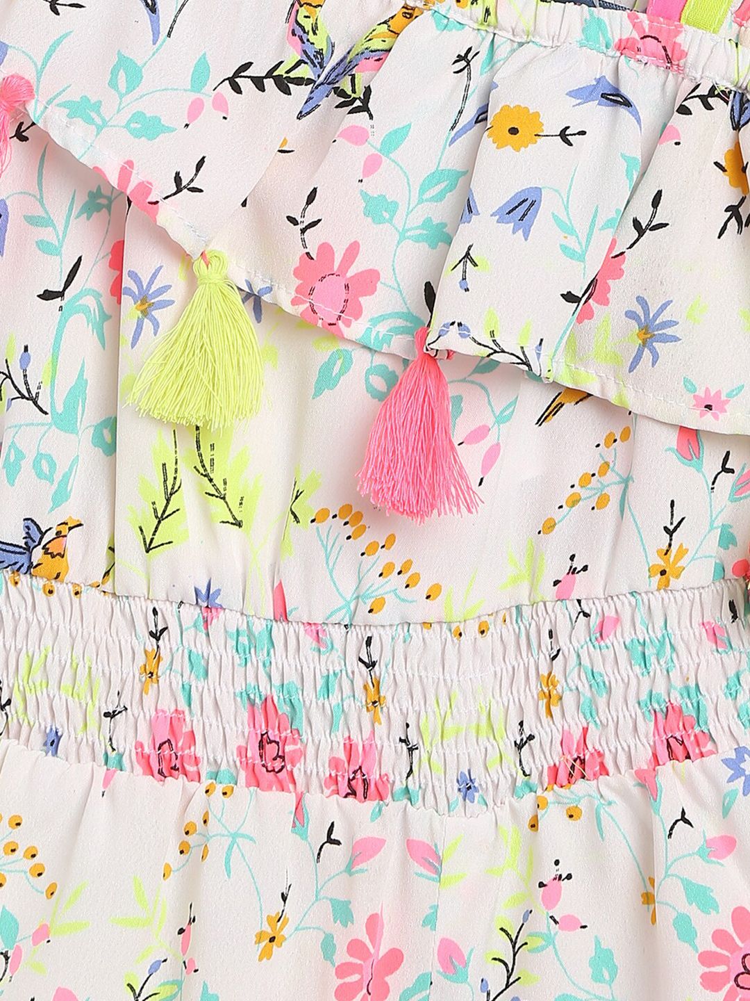 Nauti Nati Girls White & Pink Printed One Shoulder Jumpsuit With Tassels