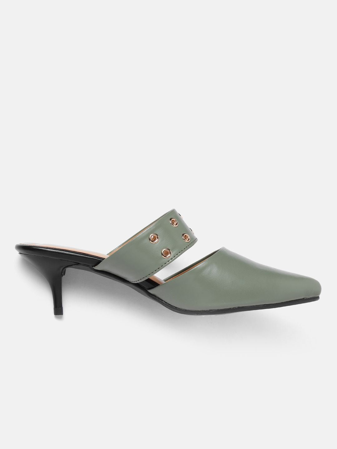 DressBerry Women Olive Green Solid Heeled Mules with Rivets Details