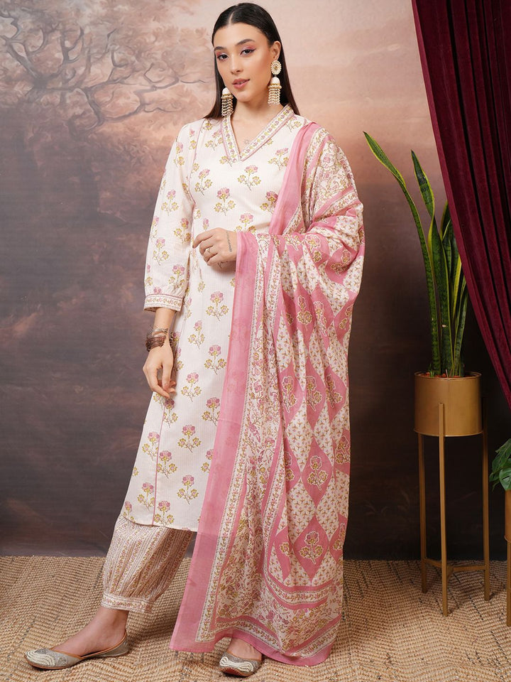 Vishudh Pink Floral Printed Pure Cotton Panelled A-Line Kurta With Salwar & Dupatta