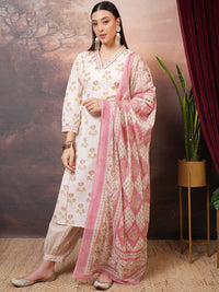 Vishudh Pink Floral Printed Pure Cotton Panelled A-Line Kurta With Salwar & Dupatta
