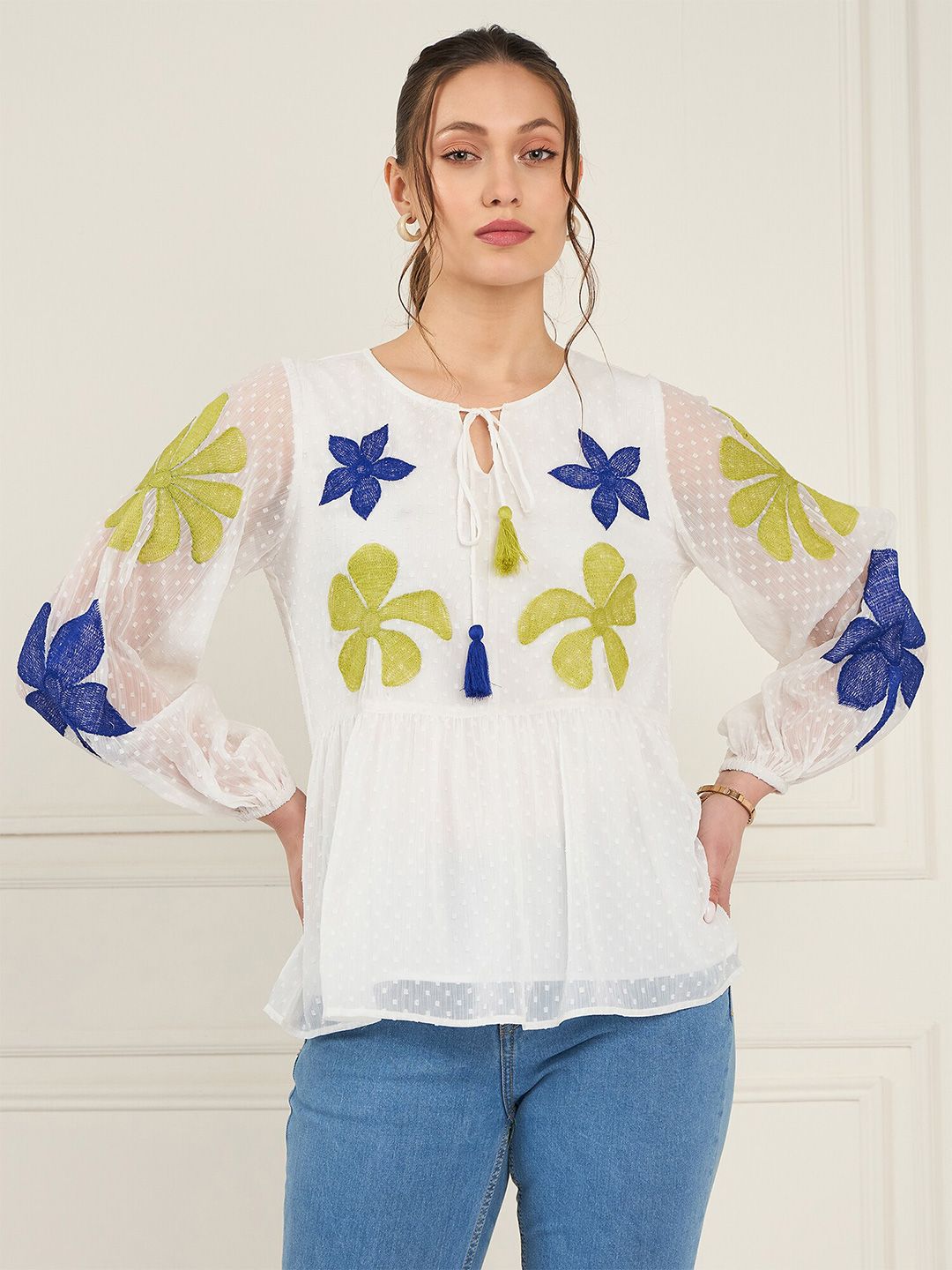Antheaa Tie-Up Neck Puff Sleeve Chiffon A-Line Top