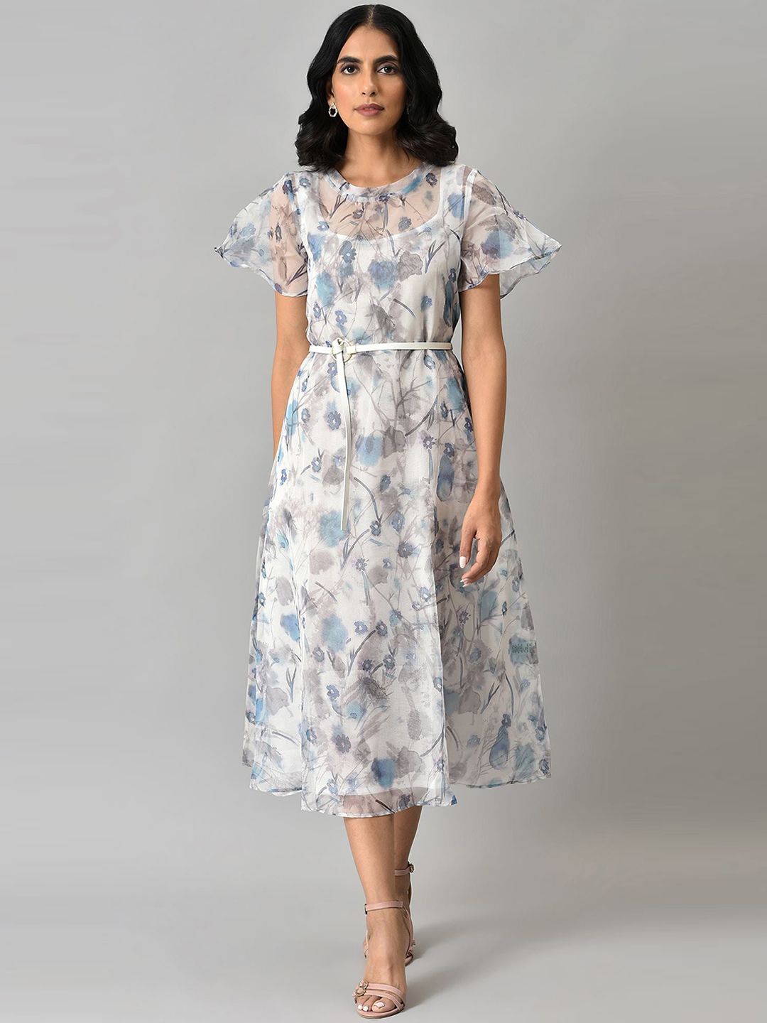 W Women Off- White & Grey Abstract Printed A-Line Ethnic Dress